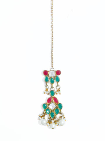 Traditional Gold Plated Pink and Aqua Green Kundan Maangtikka with Pearl Beads for Women