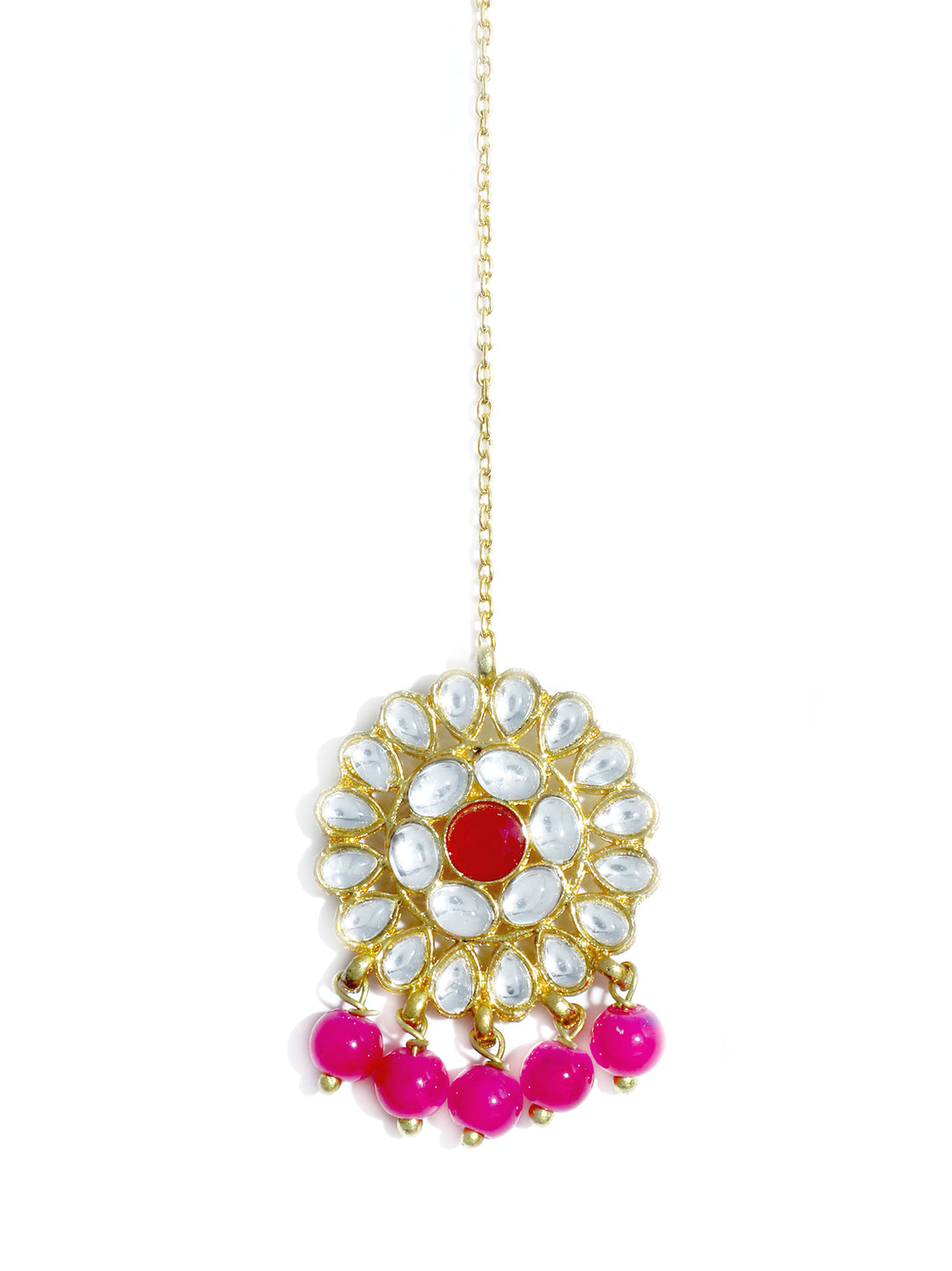 Traditional Gold Plated Pink Beads Kundan Maangtikka with Pink Center for Women