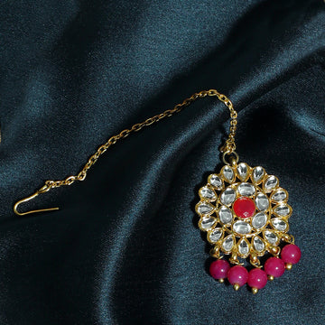 Traditional Gold Plated Pink Beads Kundan Maangtikka with Pink Center for Women