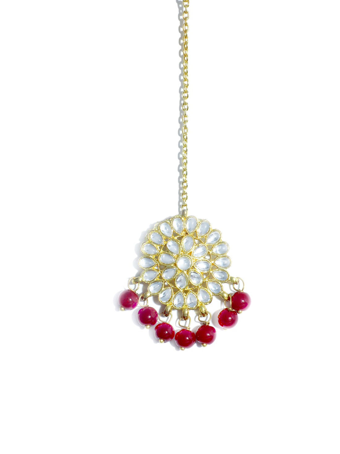 Traditional Gold Plated Red Beads Kundan Maangtikka for Women