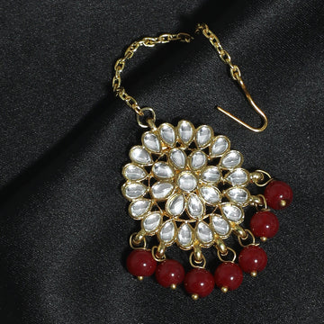 Traditional Gold Plated Red Beads Kundan Maangtikka for Women