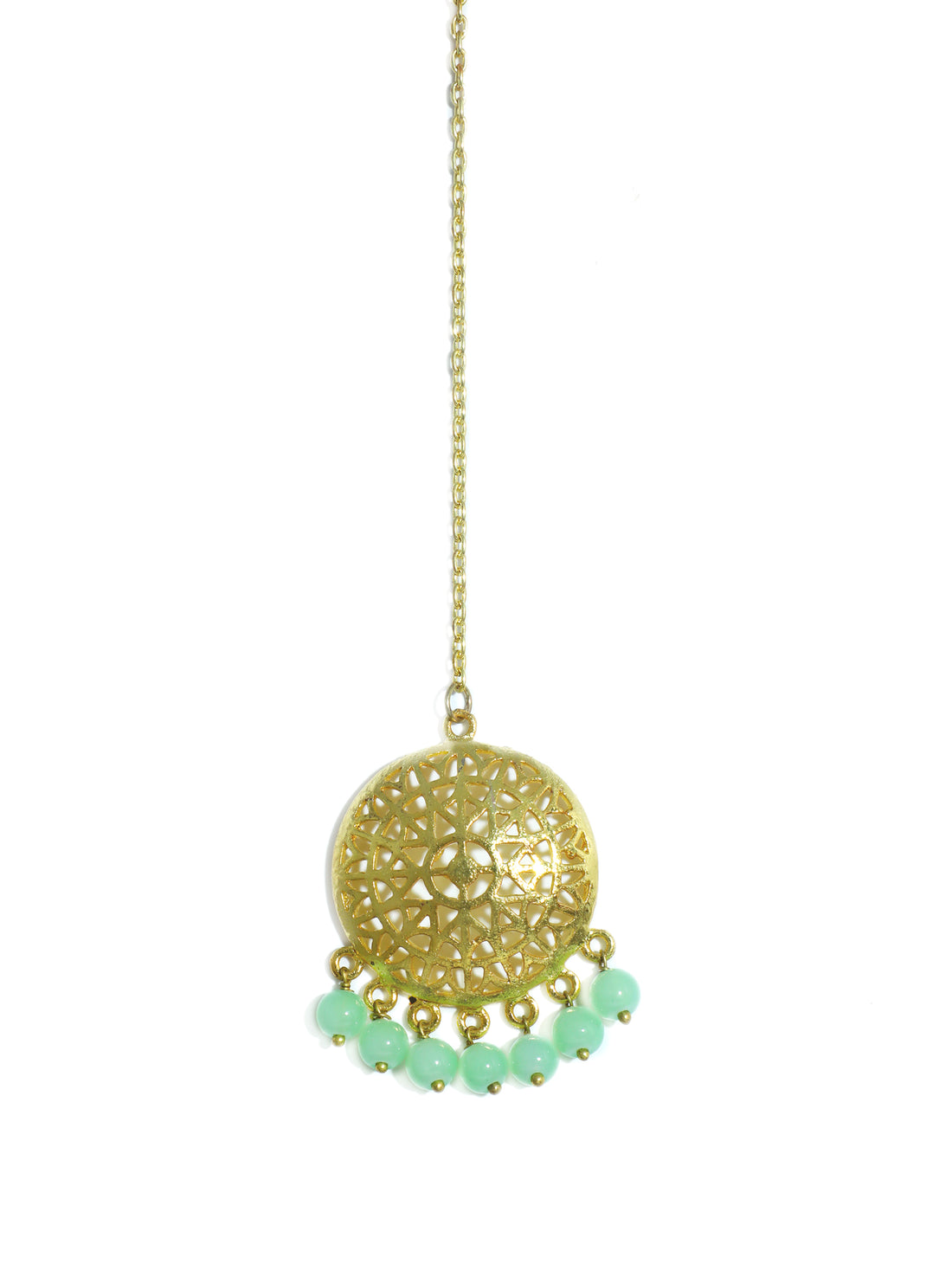 Traditional Gold Plated Mint Green Beads Kundan Maangtikka for Women