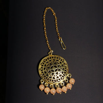 Traditional Gold Plated Peach Beads Kundan Maangtikka for Women