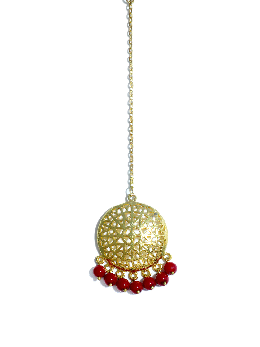 Traditional Gold Plated Red Beads Kundan Maangtikka for Women