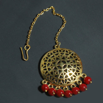 Traditional Gold Plated Red Beads Kundan Maangtikka for Women