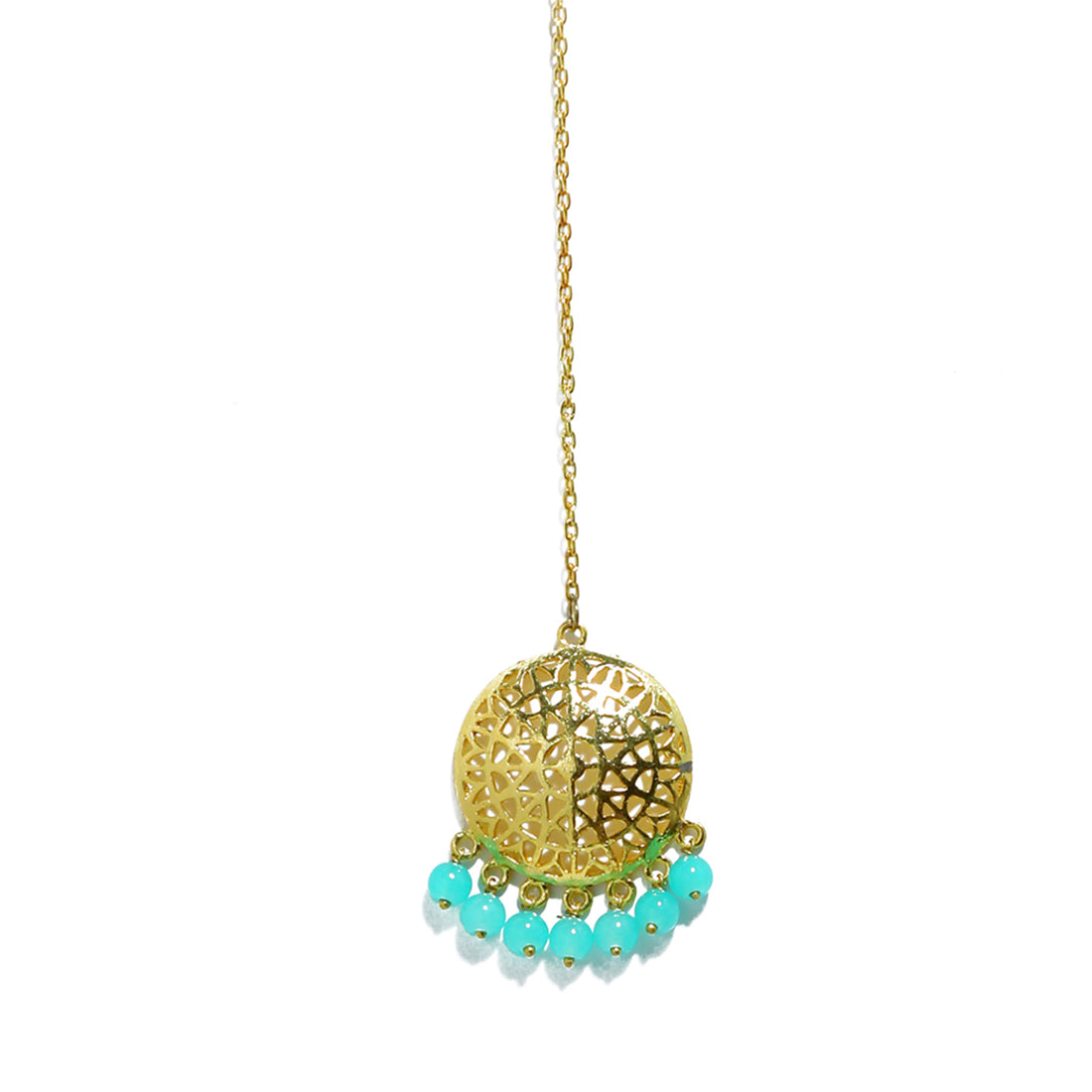 Traditional Gold Plated Blue Beads Kundan Maangtikka for Women