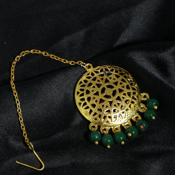 Traditional Gold Plated Green Beads Kundan Maangtikka for Women