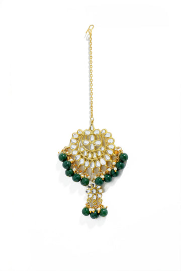 Traditional Gold Plated Green Beads Kundan Maangtikka for Women