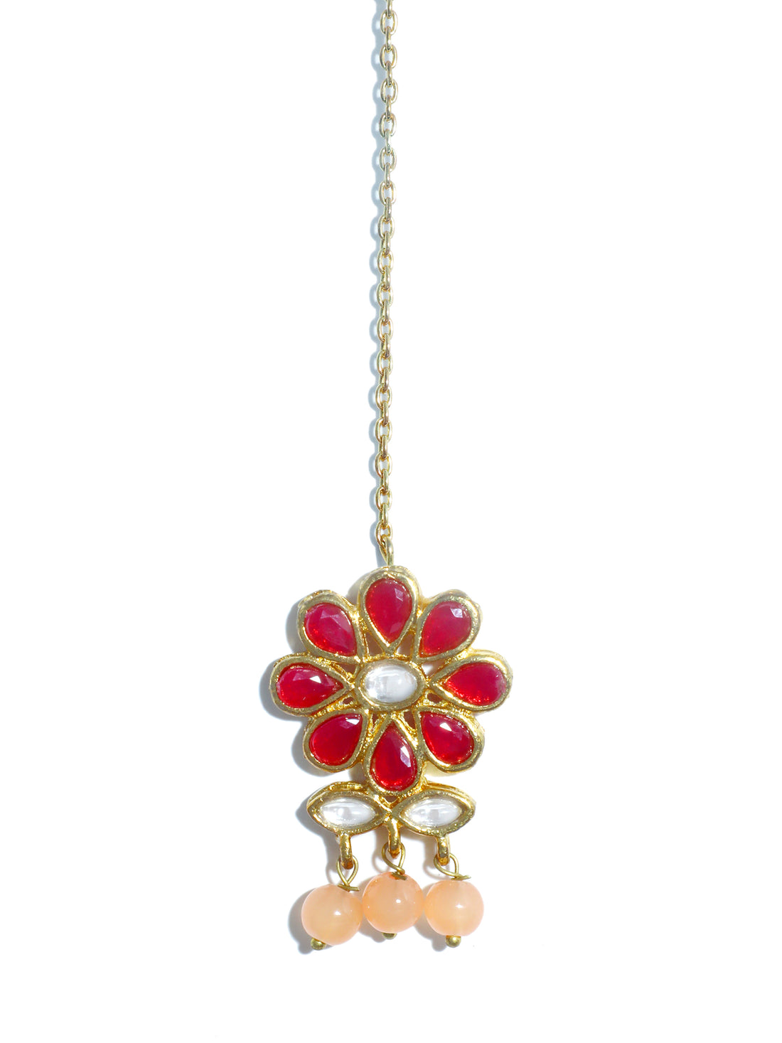 Traditional Gold Plated Red Kundan Maangtikka with Peach Beads for Women