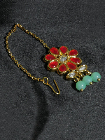 Traditional Gold Plated Red Kundan Maangtikka with Mint Blue Beads for Women