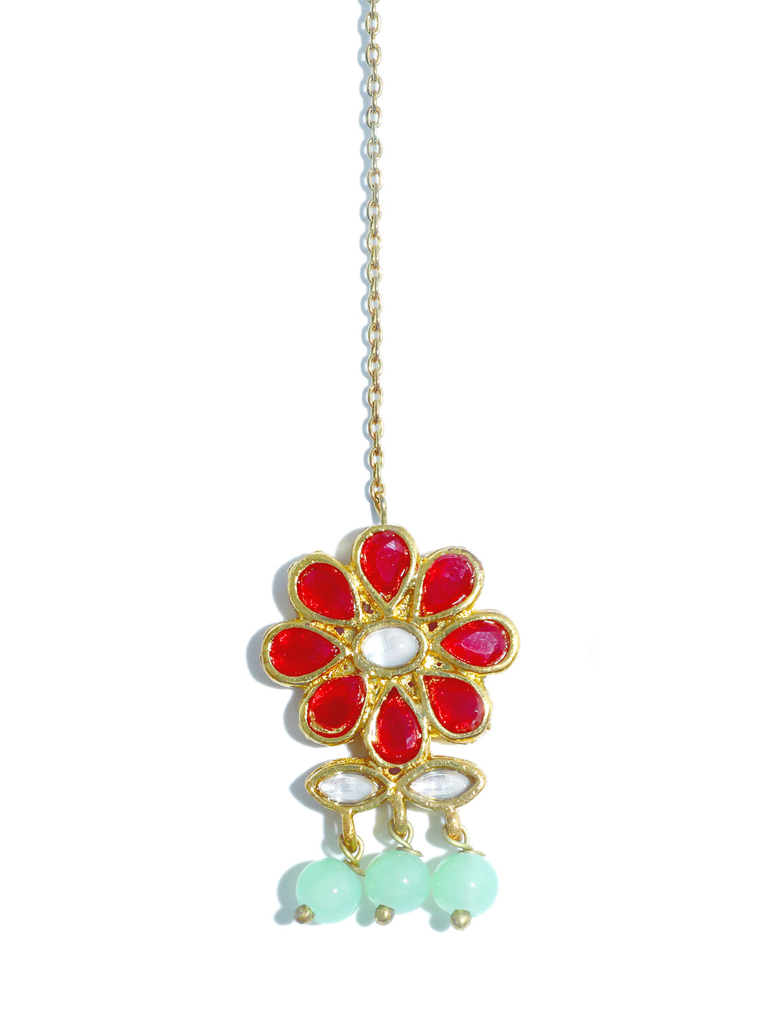 Traditional Gold Plated Red Kundan Maangtikka with Mint Blue Beads for Women