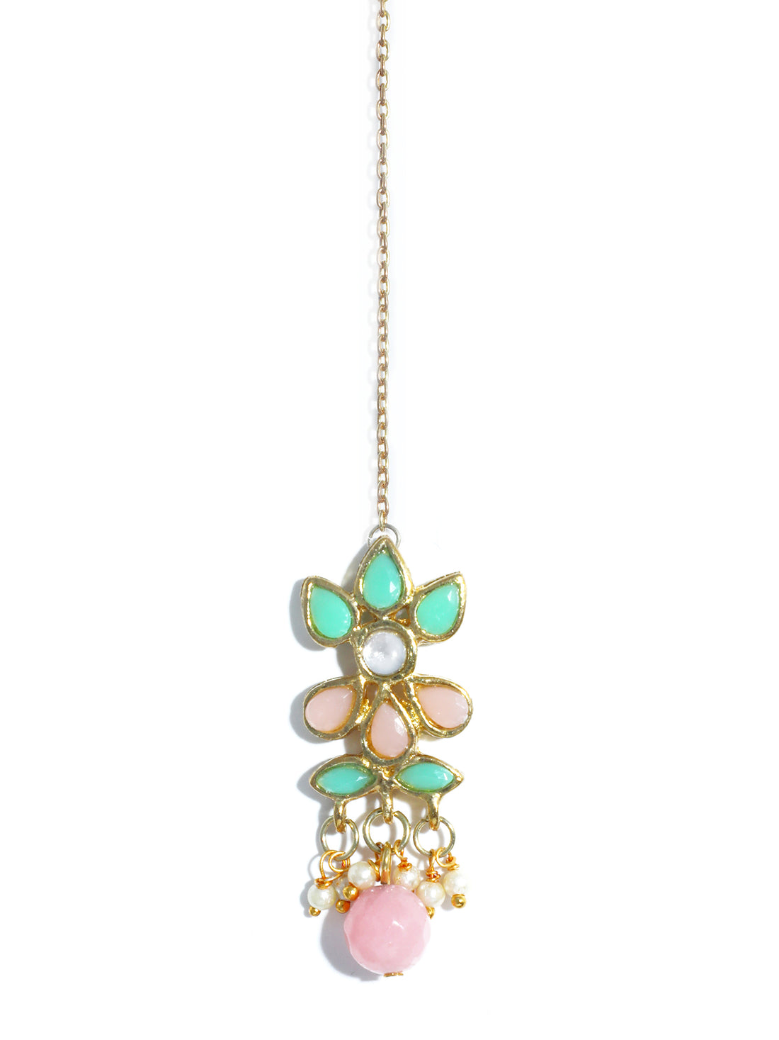 Traditional Gold Plated Mint Blue and Peach Kundan Maangtikka with Peach Beads for Women