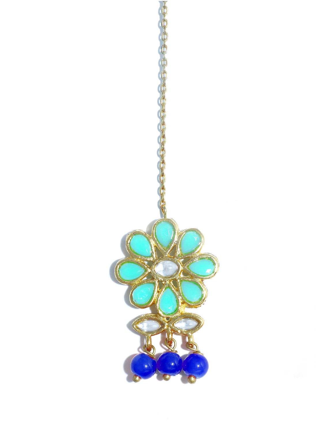 Traditional Gold Plated Blue Kundan Maangtikka with Blue Beads for Women