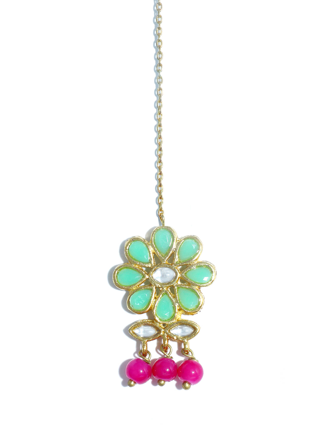 Traditional Gold Plated Mint Blue Kundan Maangtikka with Pink Beads for Women