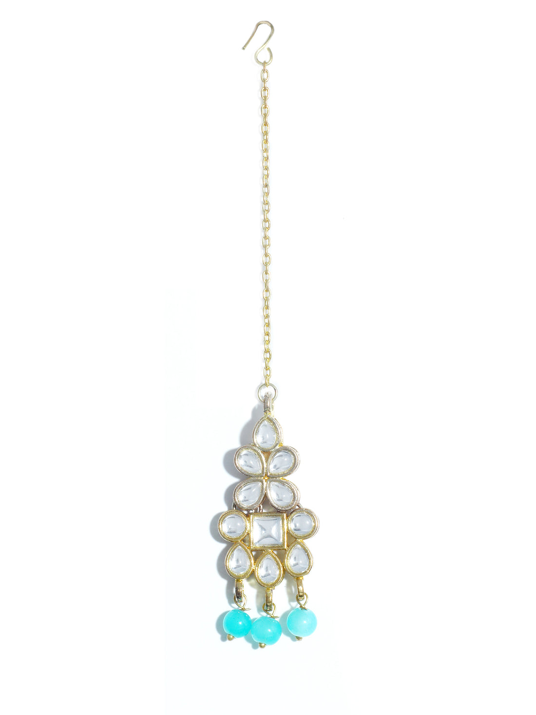 Traditional Gold Plated White Kundan Maangtikka with Aqua Blue Beads for Women