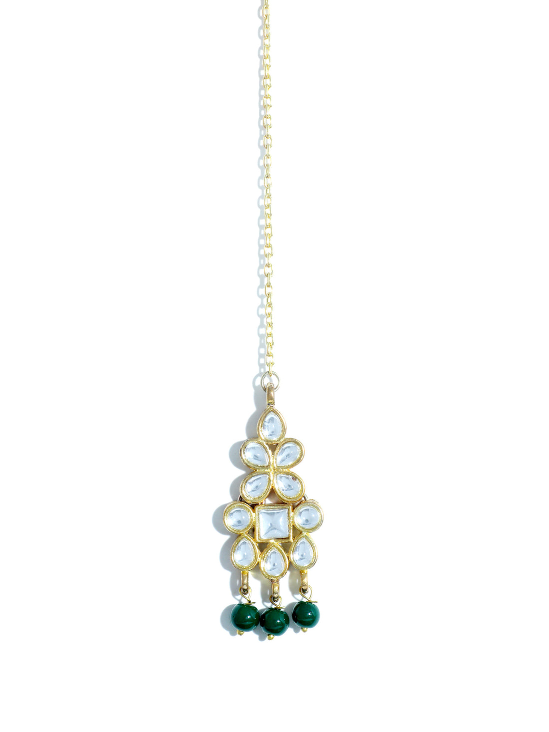 Traditional Gold Plated White Kundan Maangtikka with Green Beads for Women