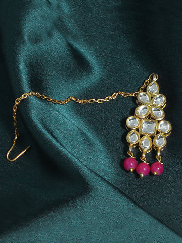 Traditional Gold Plated White Kundan Maangtikka with Pink Beads for Women