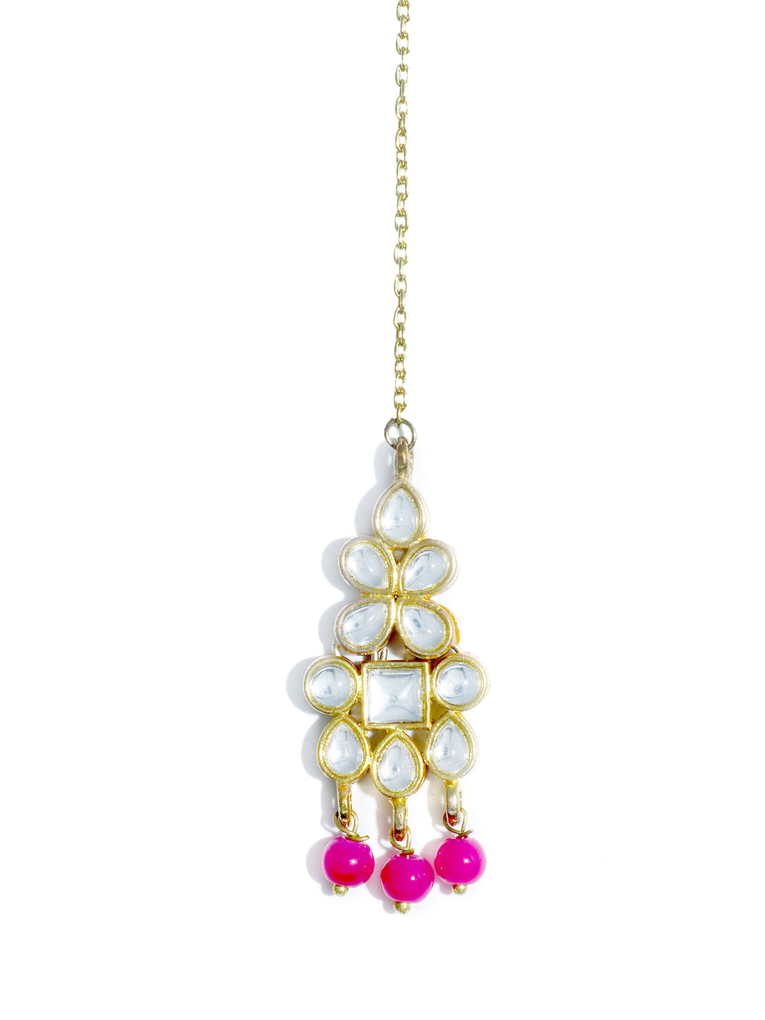 Traditional Gold Plated White Kundan Maangtikka with Pink Beads for Women