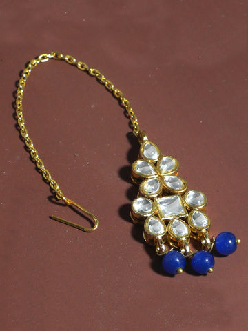 Traditional Gold Plated White Kundan Maangtikka with Blue Beads for Women