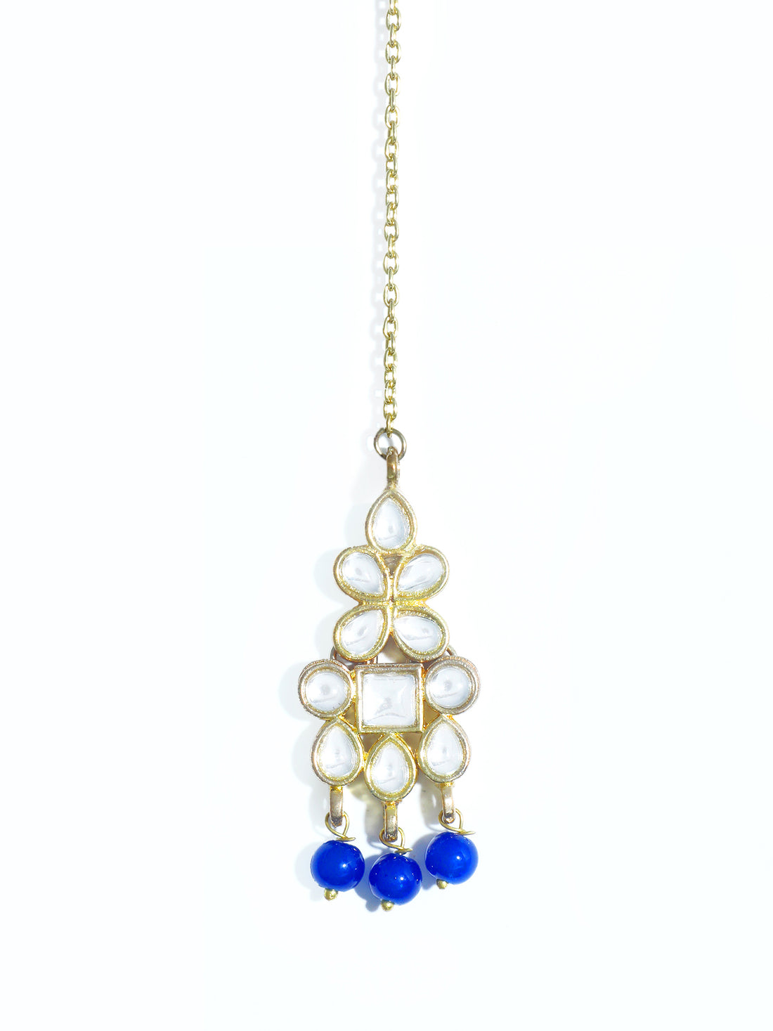 Traditional Gold Plated White Kundan Maangtikka with Blue Beads for Women