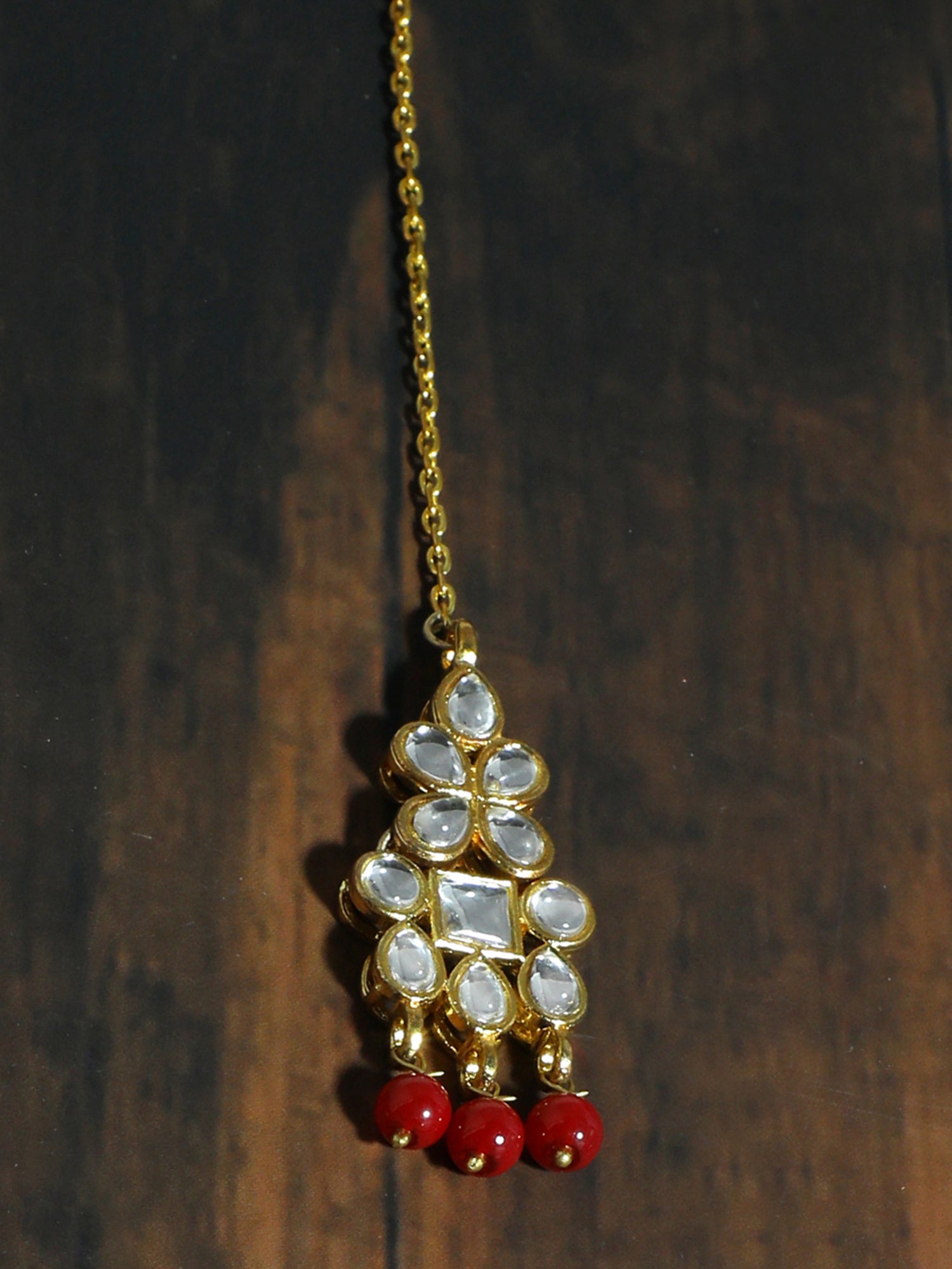 Traditional Gold Plated White Kundan Maangtikka with Red Beads for Women