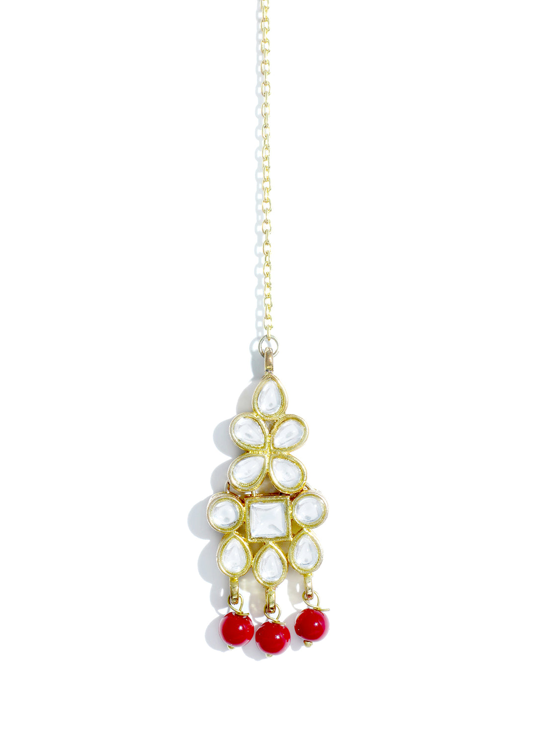 Traditional Gold Plated White Kundan Maangtikka with Red Beads for Women