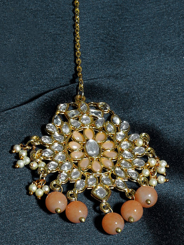 Traditional Gold Plated Peach Beads Kundan Maangtikka for Women