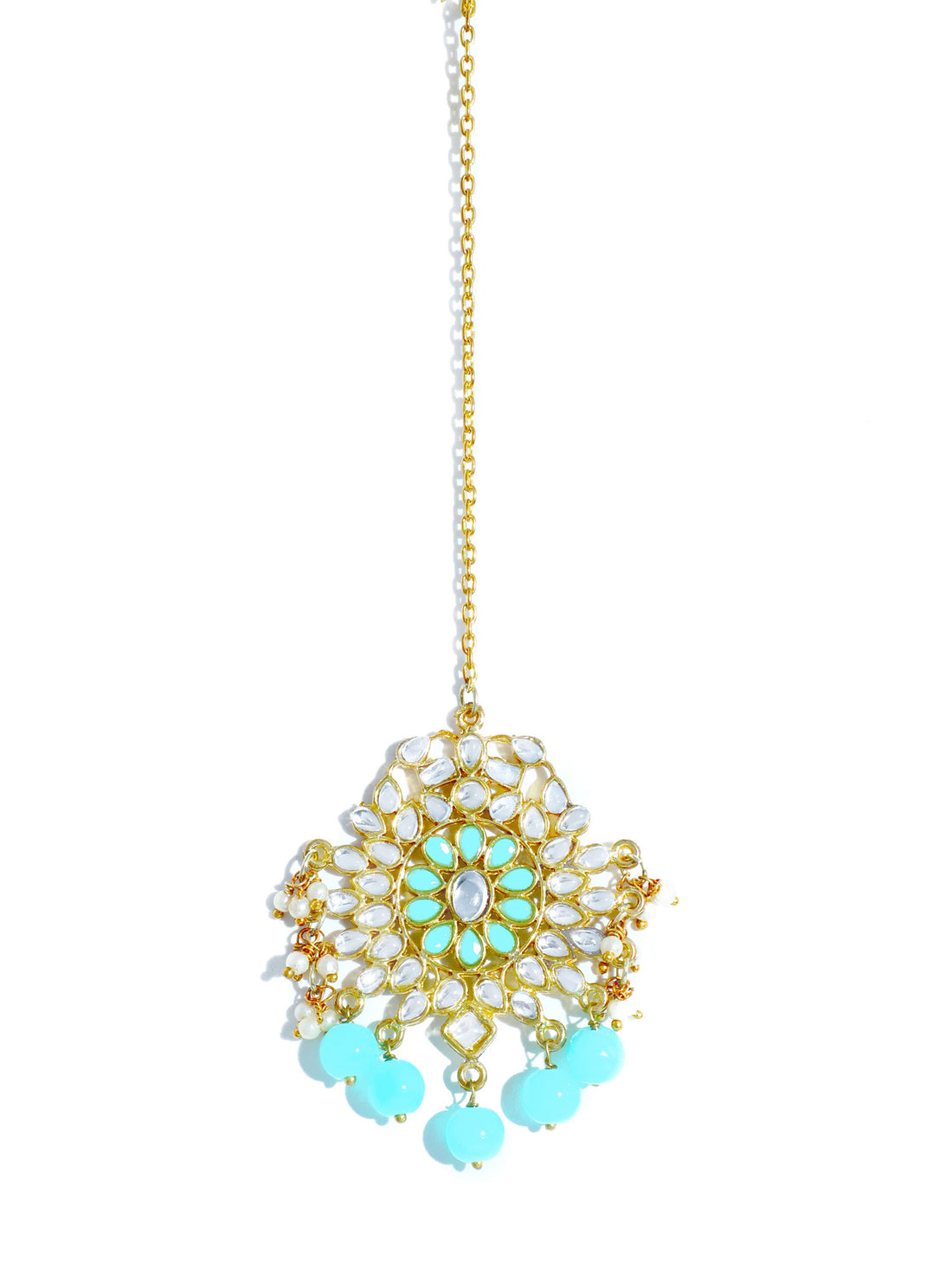 Traditional Gold Plated Aqua Blue Beads Kundan Maangtikka for Women