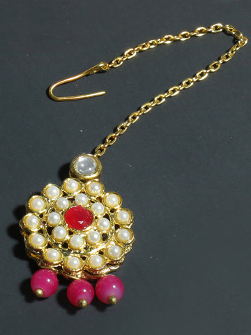 Traditional Gold Plated Pink Beads Kundan Maangtikka with Pink Center for Women