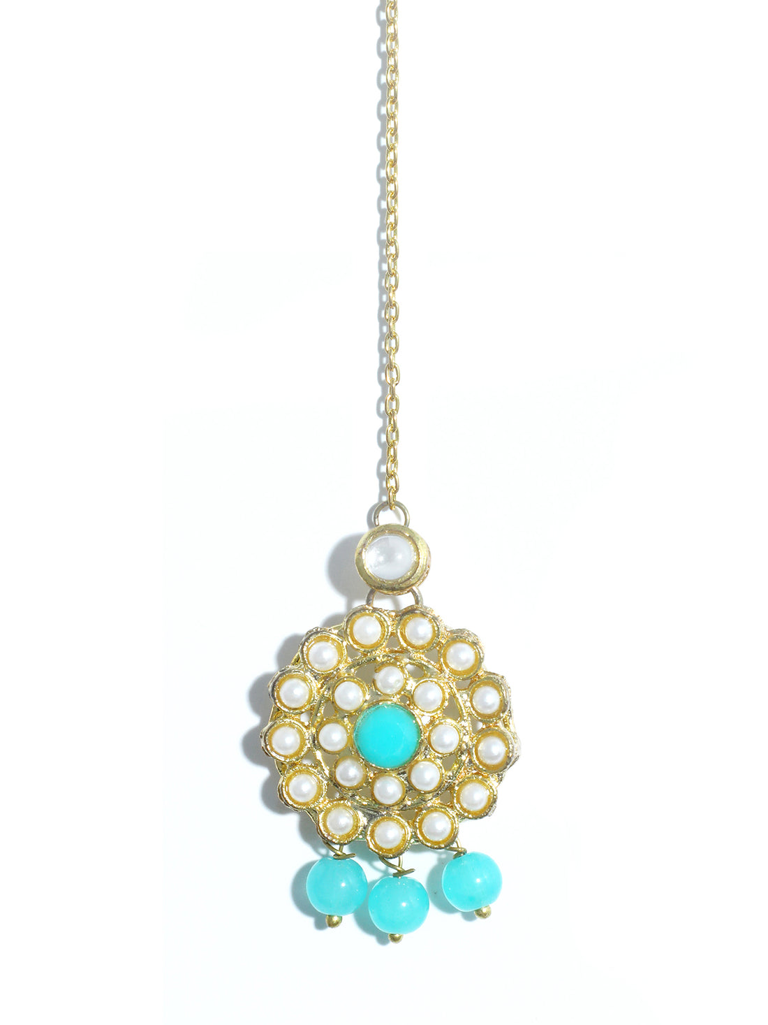 Traditional Gold Plated Blue Beads Kundan Maangtikka with Blue Center for Women