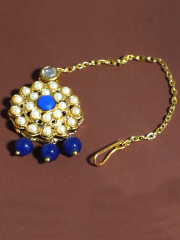 Traditional Gold Plated Blue Beads Kundan Maangtikka with Blue Center for Women