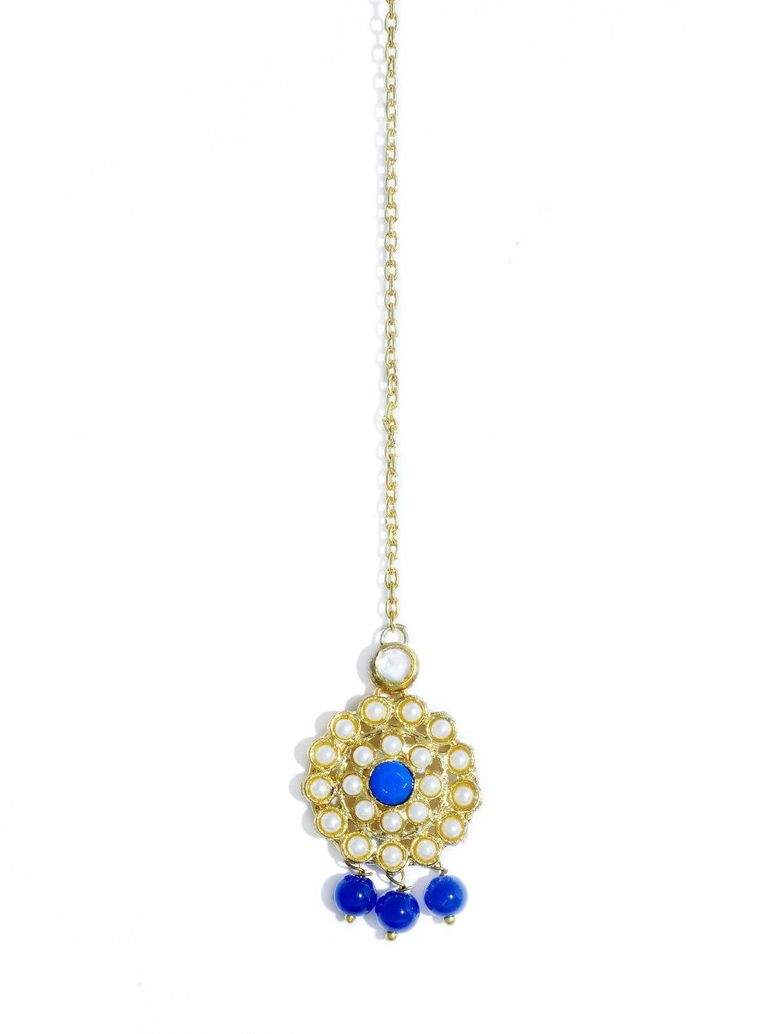 Traditional Gold Plated Blue Beads Kundan Maangtikka with Blue Center for Women