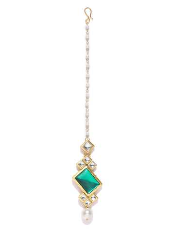 Traditional Gold Plated Green Stone Kundan Maangtikka for Women