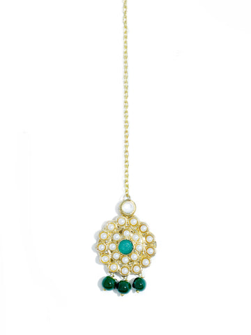 Traditional Gold Plated Green Beads Kundan Maangtikka with Green Center for Women