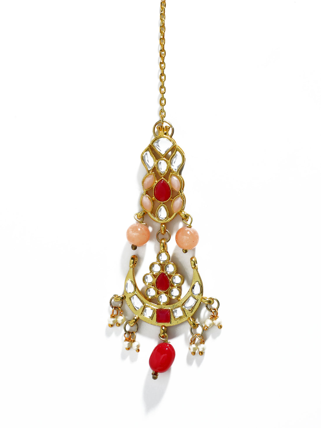 Traditional Gold Plated Red and Peach Kundan Maangtikka for Women