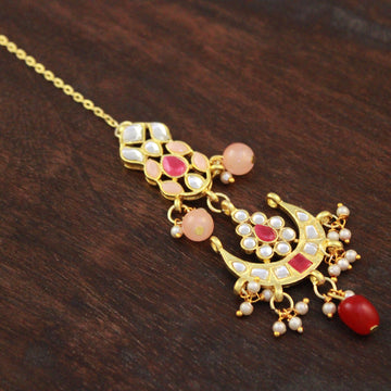 Traditional Gold Plated Red and Peach Kundan Maangtikka for Women