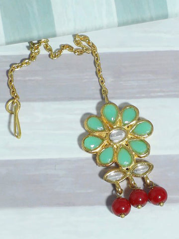 Traditional Gold Plated Green Kundan Maangtikka with Red Beads for Women