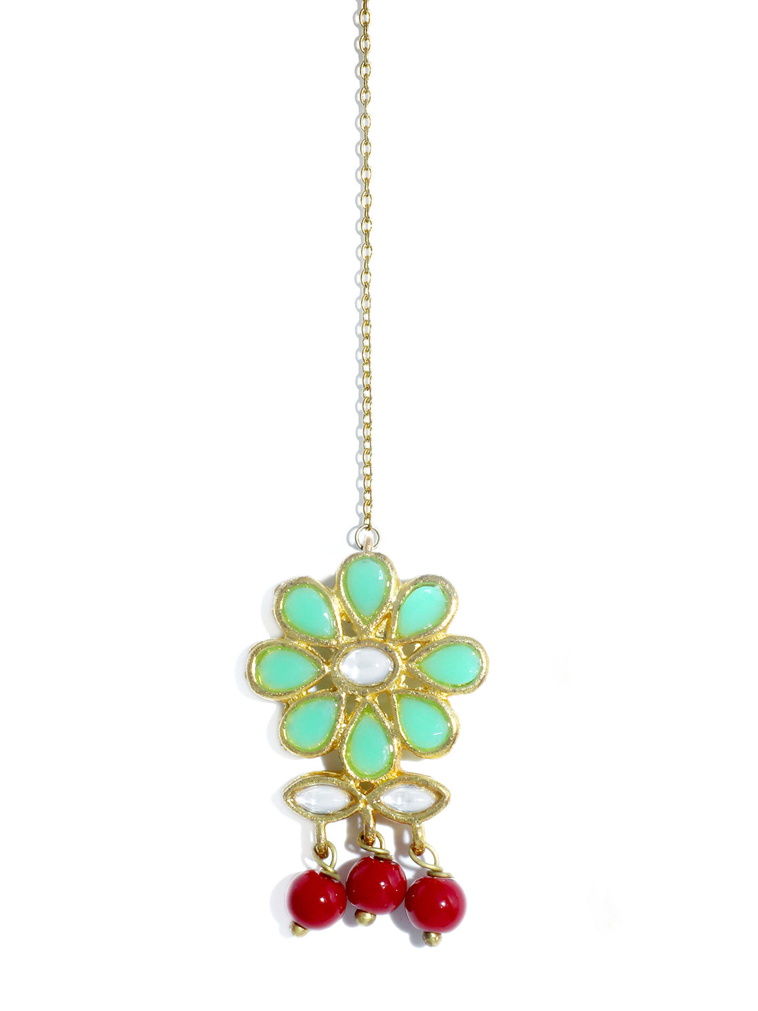 Traditional Gold Plated Green Kundan Maangtikka with Red Beads for Women