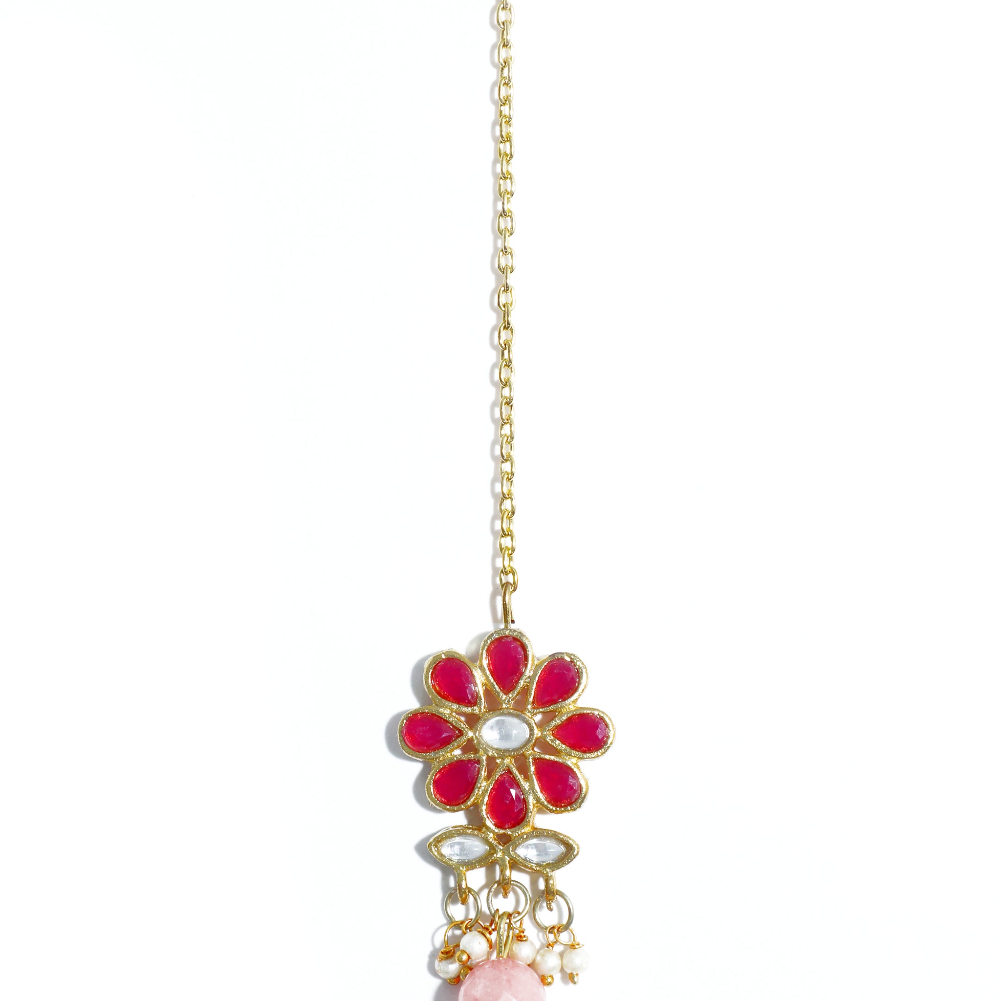 Traditional Gold Plated Red Kundan Maangtikka with Pink Beads for Women