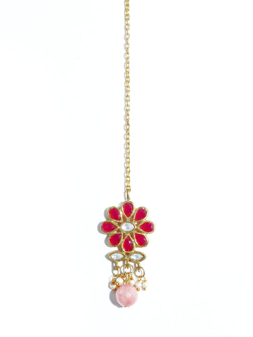 Traditional Gold Plated Red Kundan Maangtikka with Pink Beads for Women