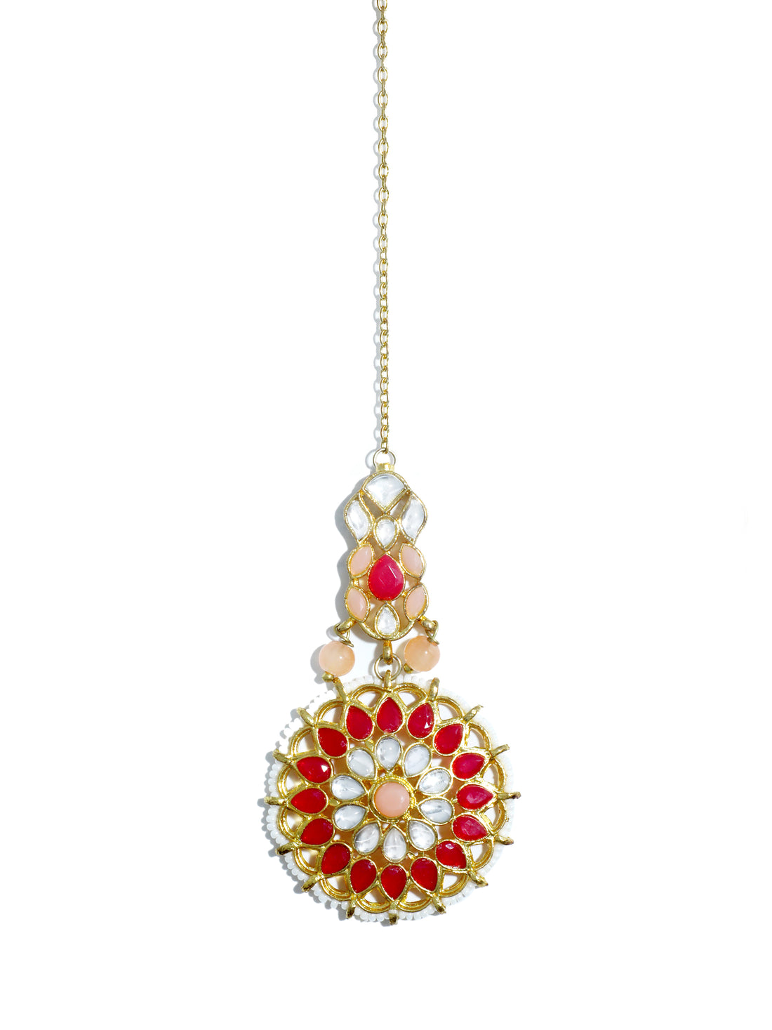 Traditional Gold Plated Red and Peach Kundan Maangtikka for Women