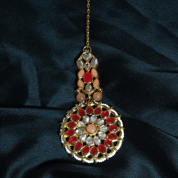 Traditional Gold Plated Red and Peach Kundan Maangtikka for Women