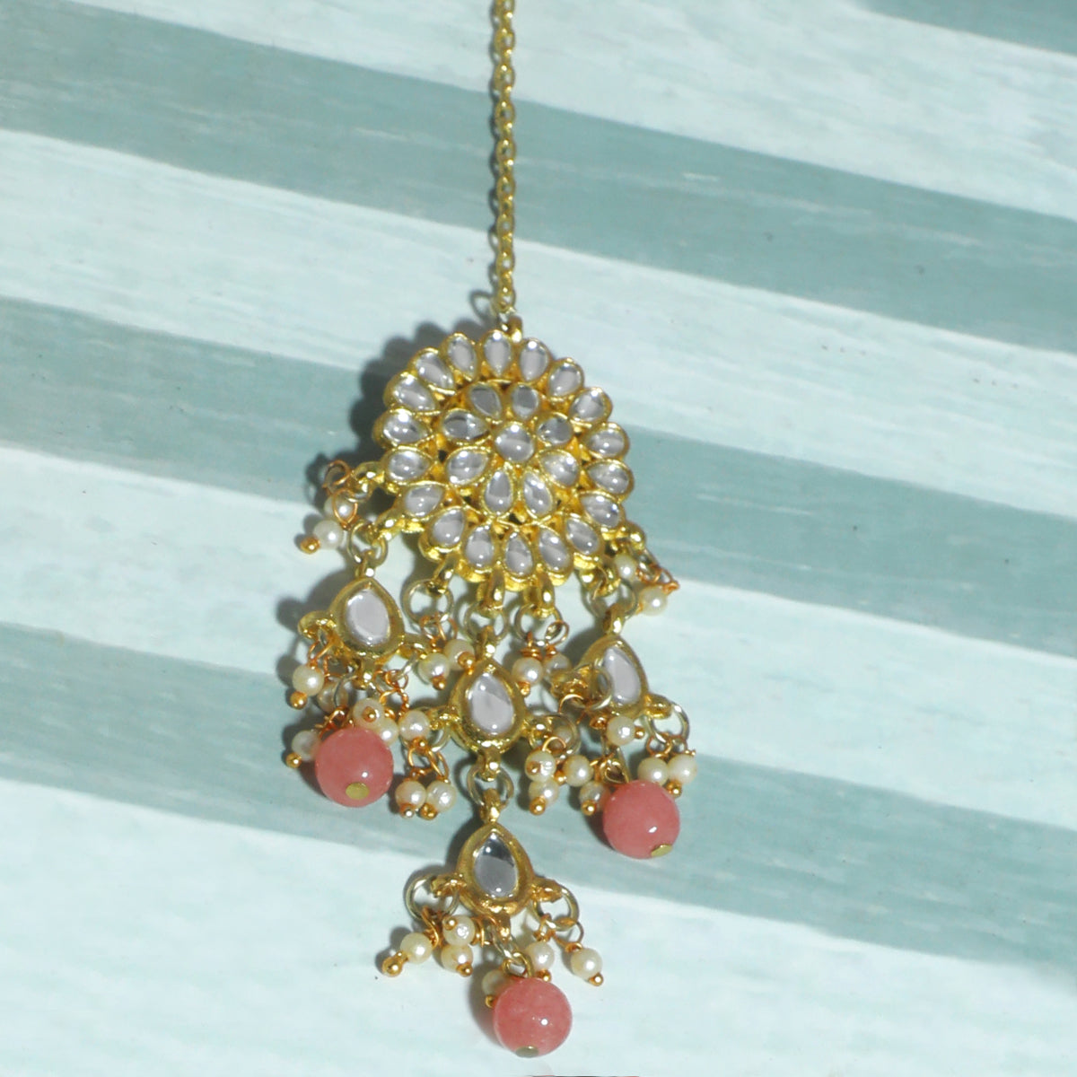 Traditional Gold Plated Peach Beads and Tassel Kundan Maangtikka for Women