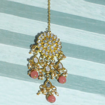 Traditional Gold Plated Peach Beads and Tassel Kundan Maangtikka for Women