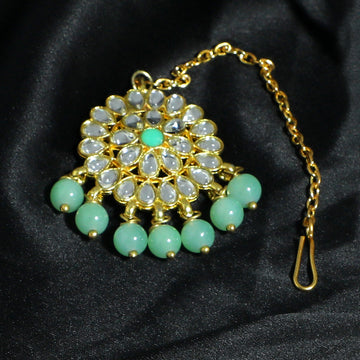 Traditional Gold Plated Mint Green Beads Kundan Maangtikka with Mint Green Center for Women