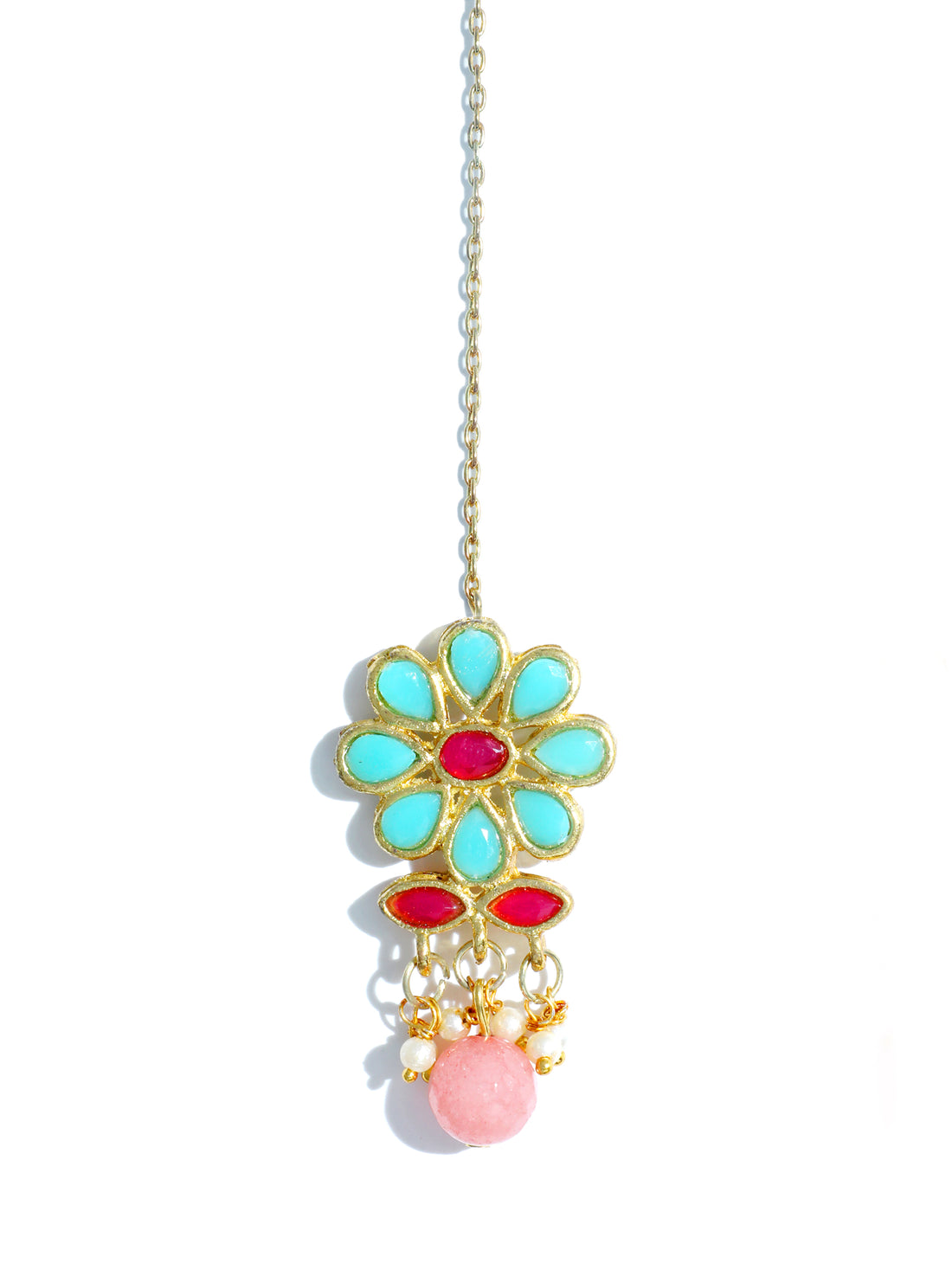 Traditional Gold Plated Peach Beads and Aqua Blue Kundan Maangtikka for Women