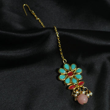 Traditional Gold Plated Peach Beads and Aqua Blue Kundan Maangtikka for Women