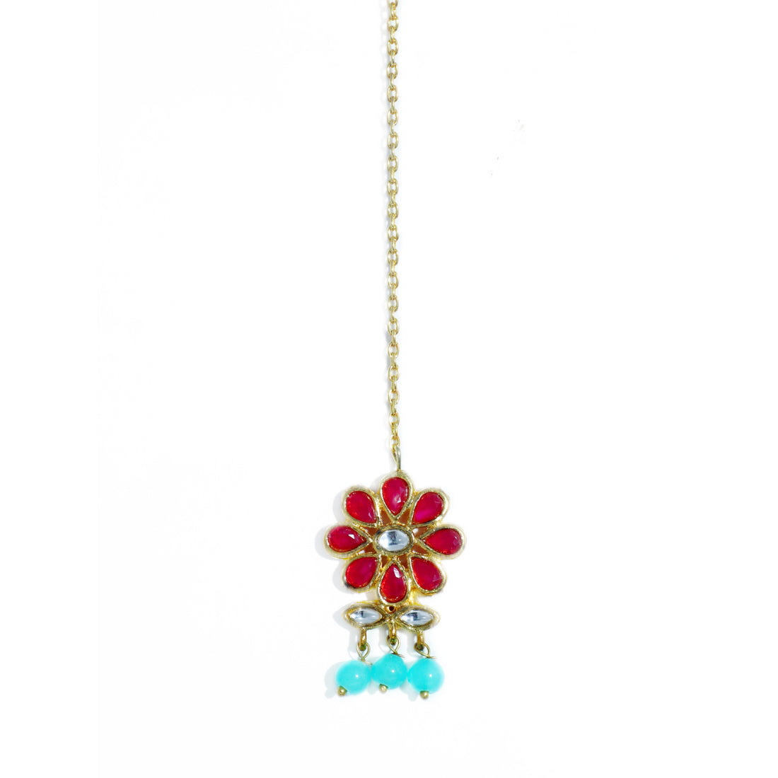 Traditional Gold Plated Blue Beads and Red Kundan Maangtikka for Women