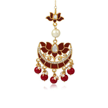 Traditional Gold Plated Lotus Design Red Beads Kundan Maangtikka for Women