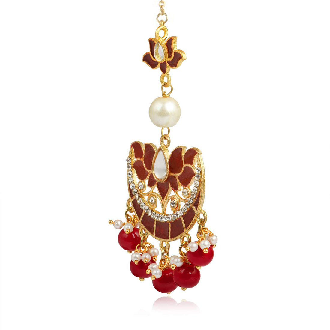 Traditional Gold Plated Lotus Design Red Beads Kundan Maangtikka for Women